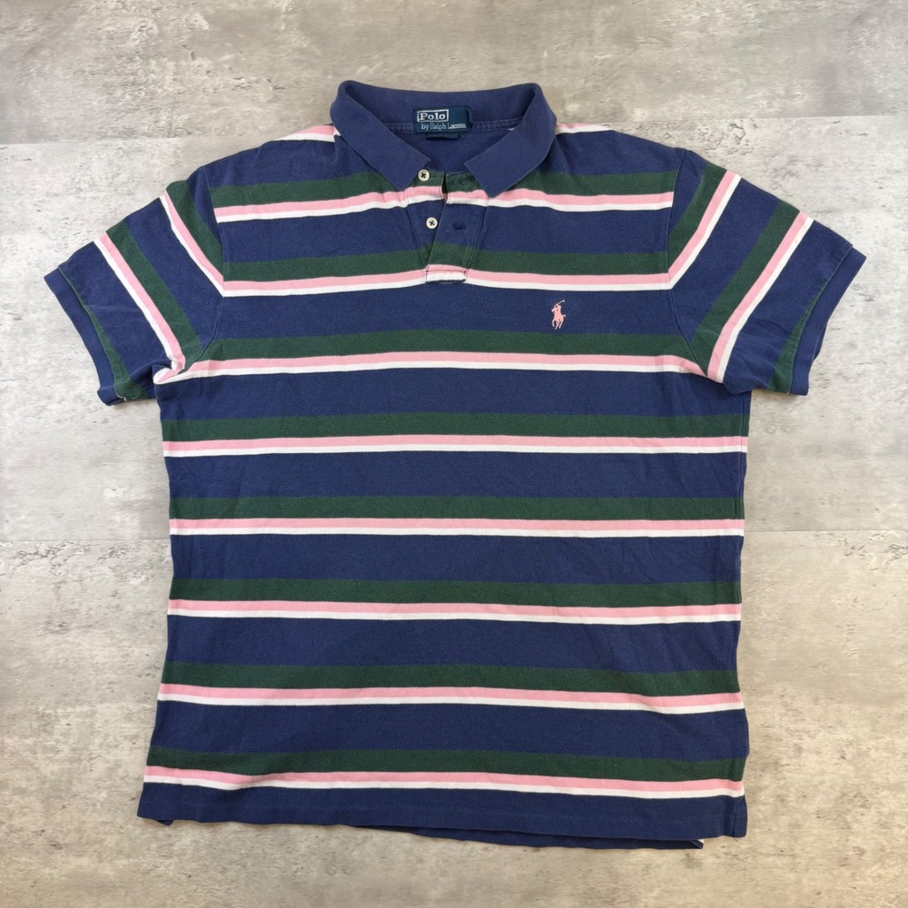 Polo‎ Ralph Lauren Mens XL Custom Fit Striped Polo Shirt Navy Green Pink White